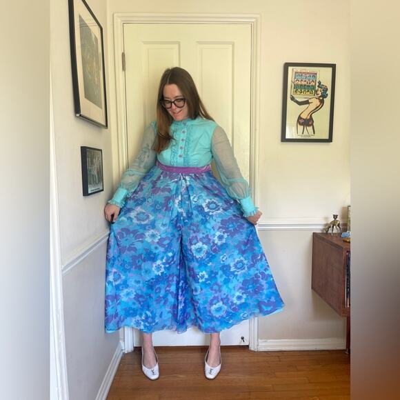 60s Vintage Chiffon Wide Leg Jumpsuit - Picture 2 of 8